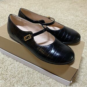 Fendi Girl’s Ballet Mary Jane Flats Croc Embossed Leather Black Gold Size 34 / 3